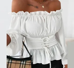 Off Shoulder Lace-up Front Ruffles Blouse