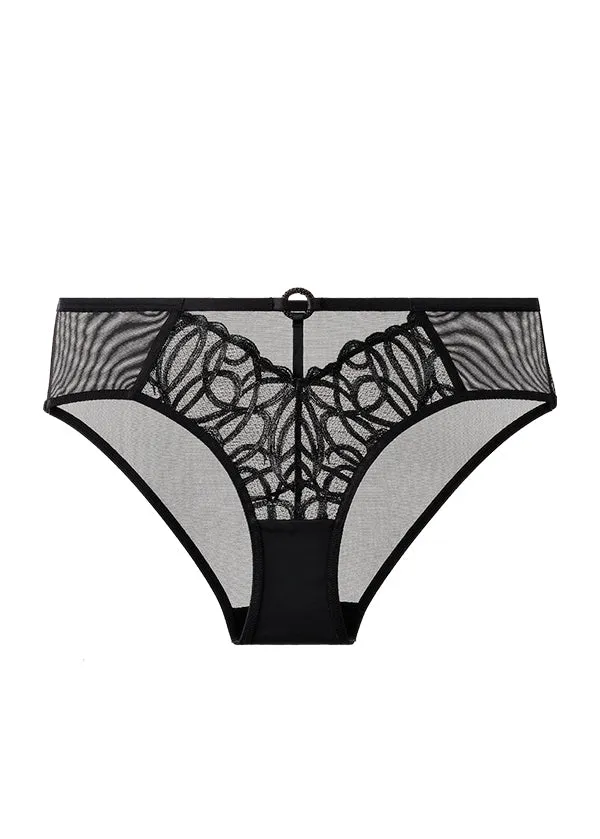 RORA Plus Black Lace Brief Panties with Geometric Embroidery