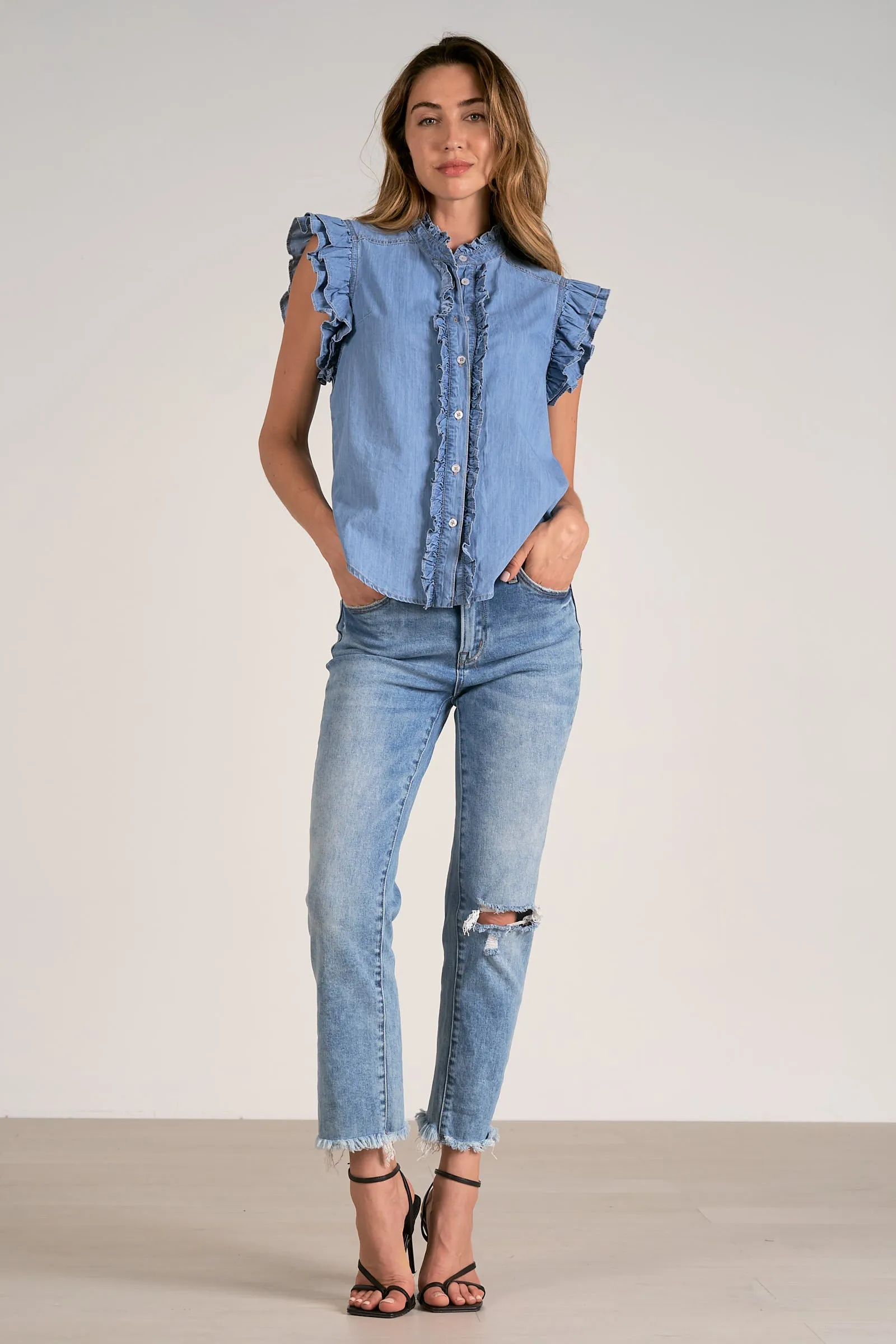 The Dovie Denim Ruffle Blouse