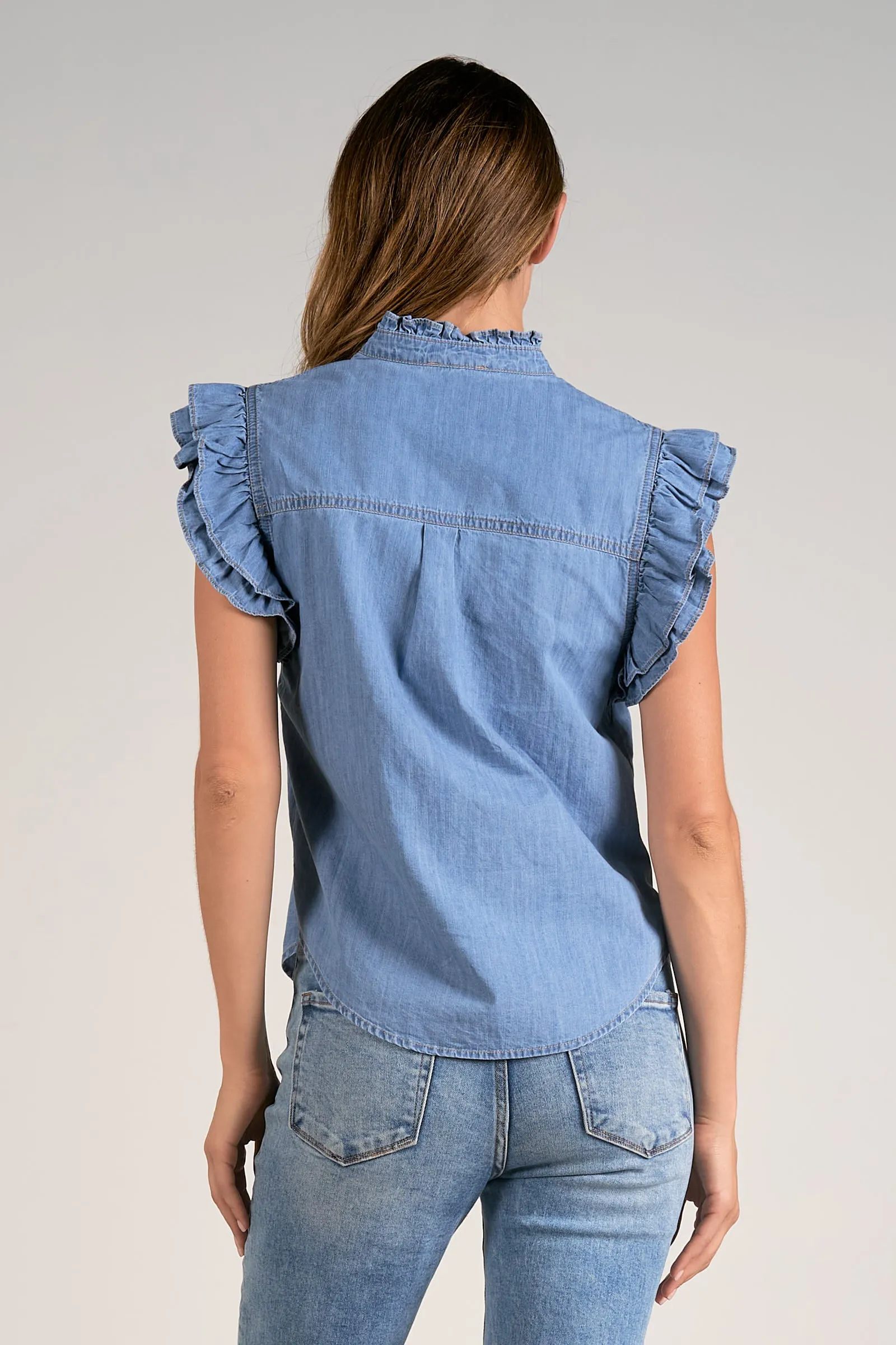 The Dovie Denim Ruffle Blouse