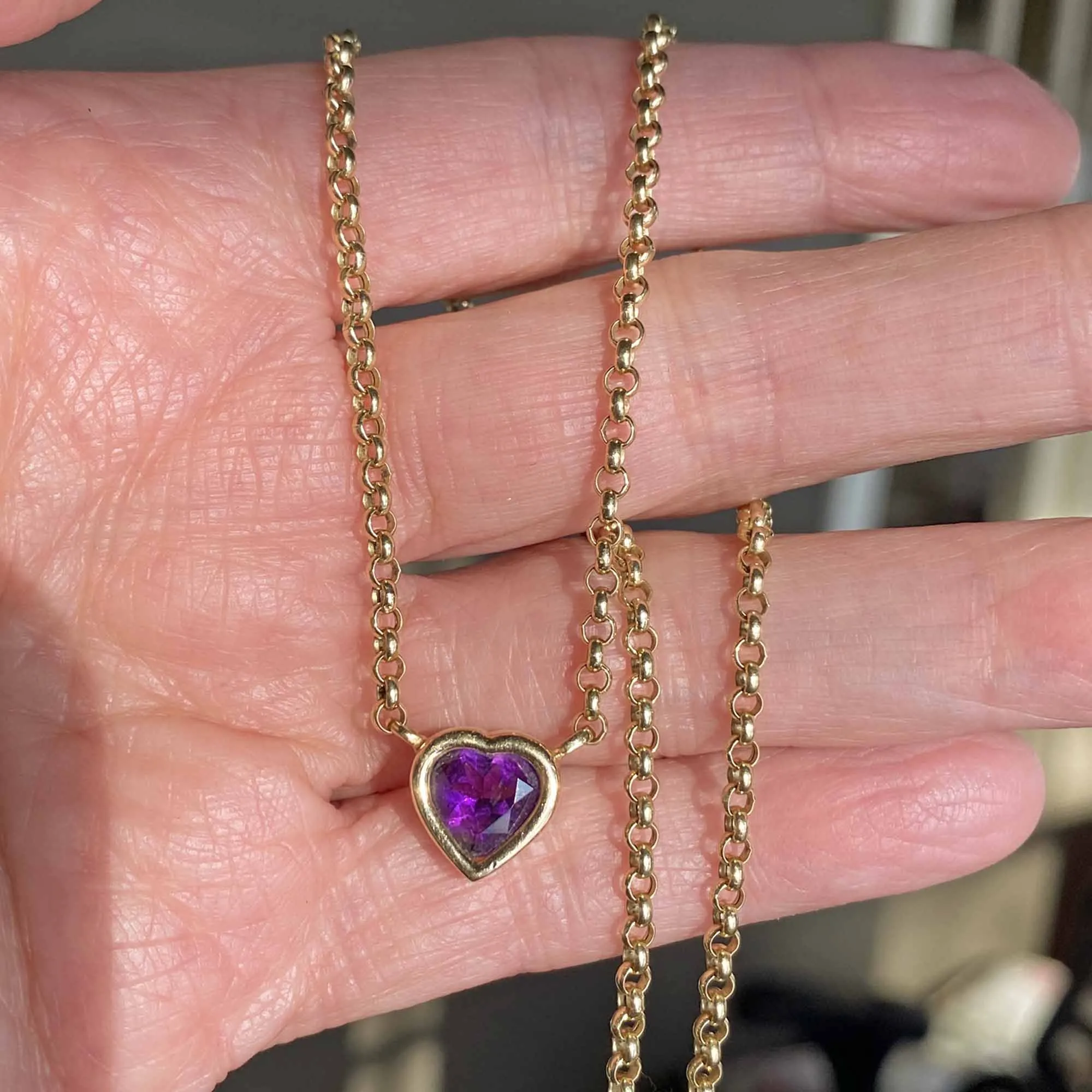 Vintage 14K Gold Amethyst Heart Necklace, Rolo Chain