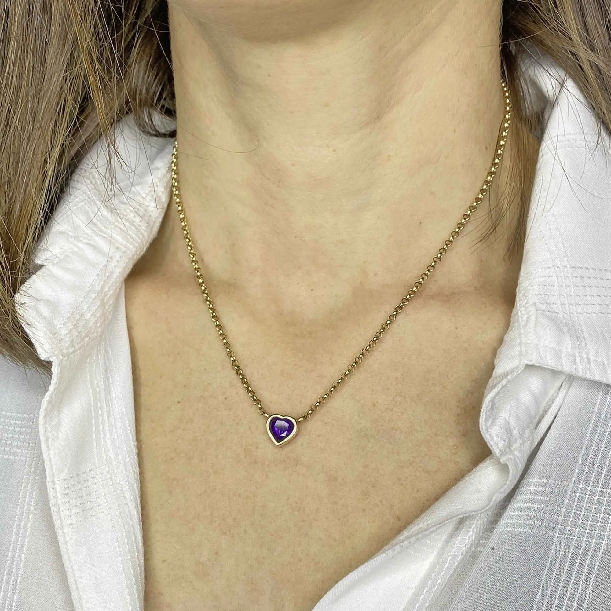 Vintage 14K Gold Amethyst Heart Necklace, Rolo Chain