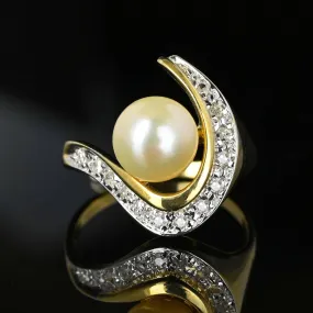 Vintage 14K Gold Diamond Swirl Pearl Cocktail Ring