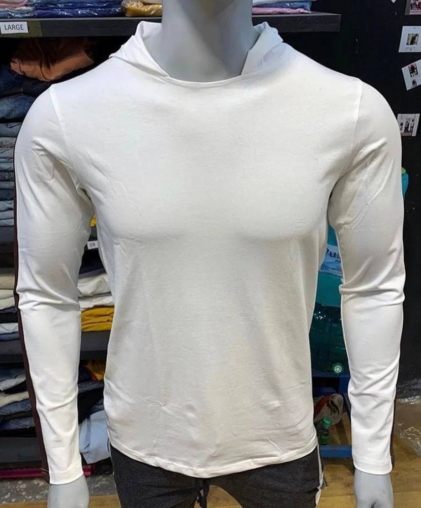 White Hooded Lycra Tee with Brown Side Stripe