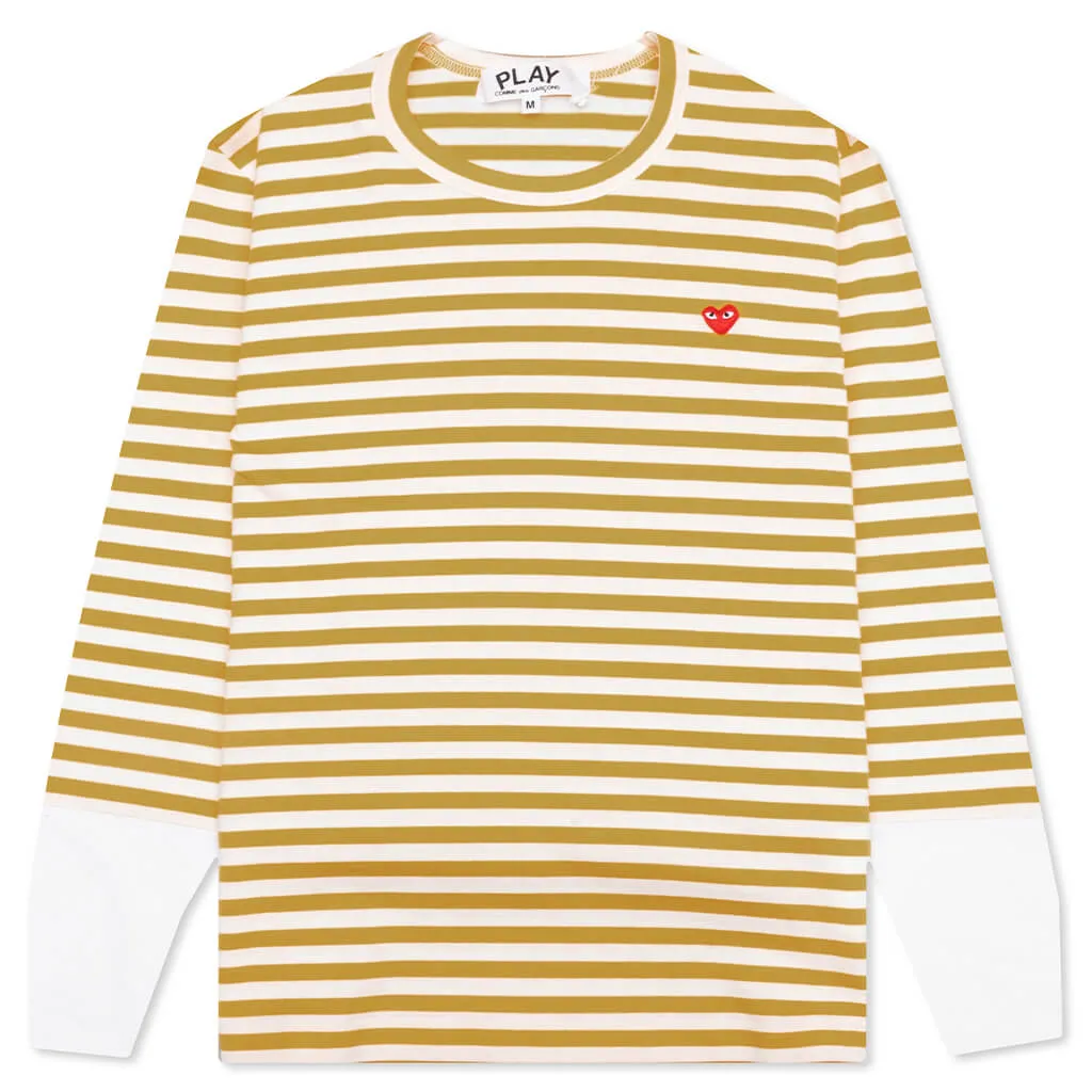 Women's Striped White Sleeve L/S T-Shirt - Mustard